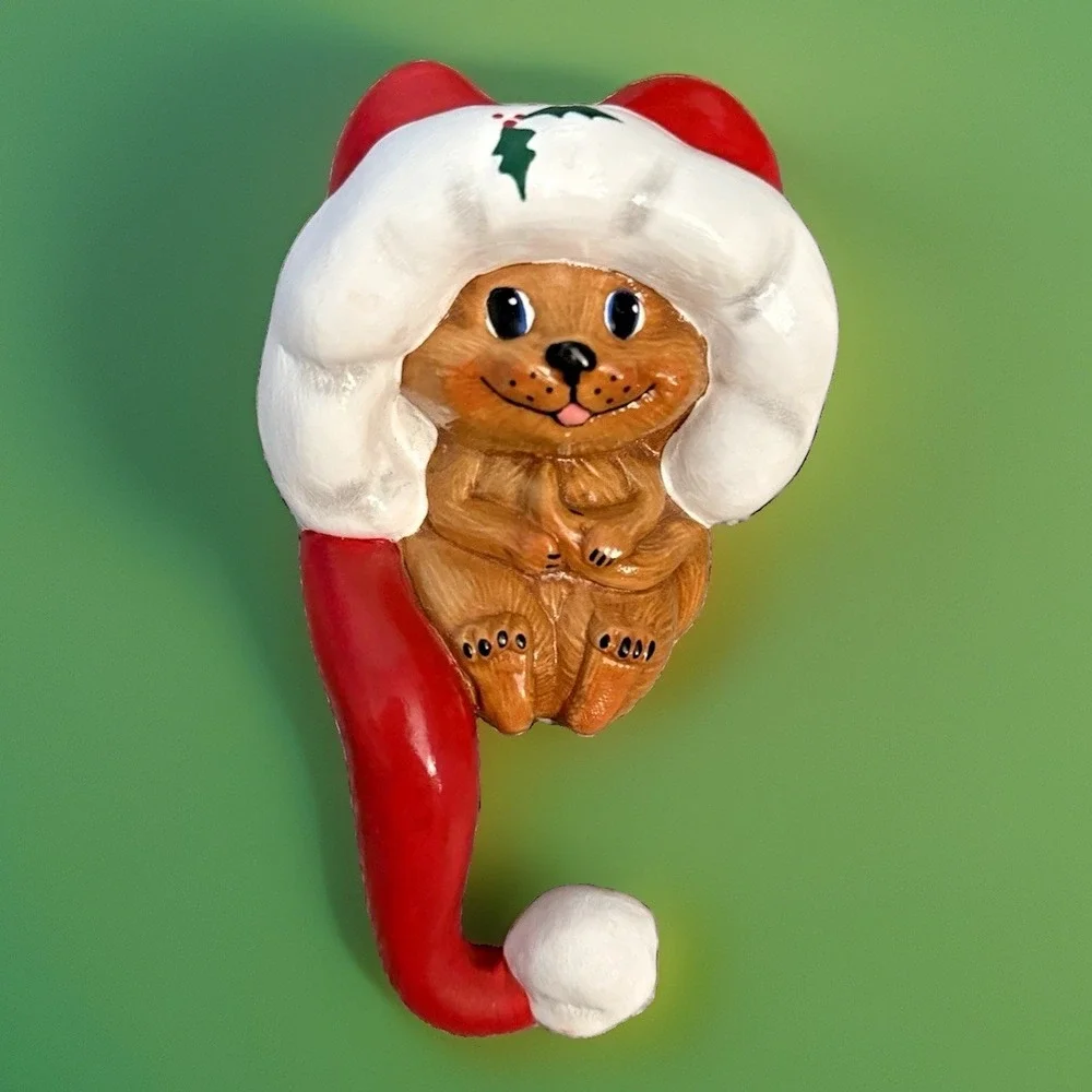 Vintage Hand Painted Ceramic Bear Christmas Stocking Holders Set 2 Mantle